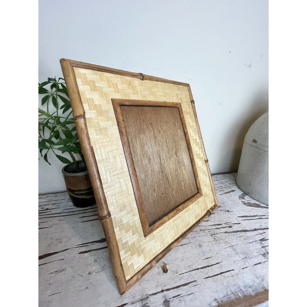 Vintage 1980’s Natural Woven Bamboo Picture Photo Frame W/ Bamboo Backing / Mint